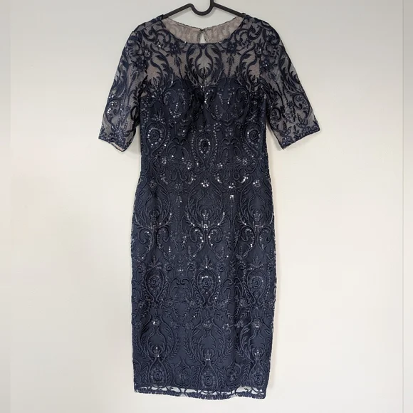 JJs House Navy Lace Midi Dress with Sequins. Sheer neck & sleeves. NWT.  Size 6 - Picture 5 of 11
